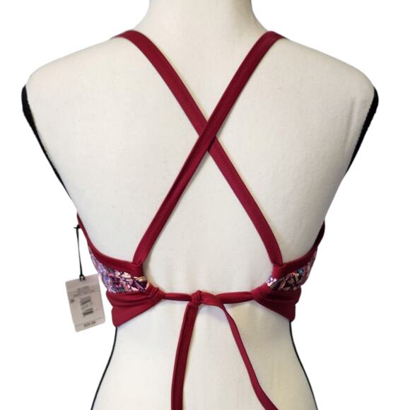 Shade & Shore Berry Red Floral Strappy Back Light Lift Bikini Top Sz 36 DDD NWT - Picture 5 of 7